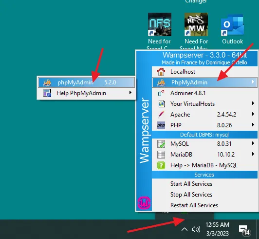 Click on the WampServer icon, located at the bottom-right corner of your Windows Desktop. Go to PhpMyAdmin and click on the phpMyAdmin version.