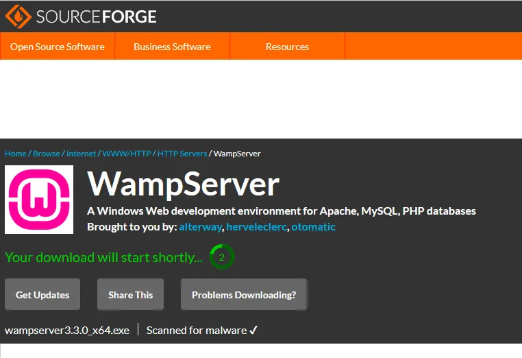 WampServer setup will be downloaded from the SourceForge, a complete open-source and business software platform.