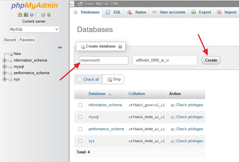 Enter the Database Name and click on the Create button.