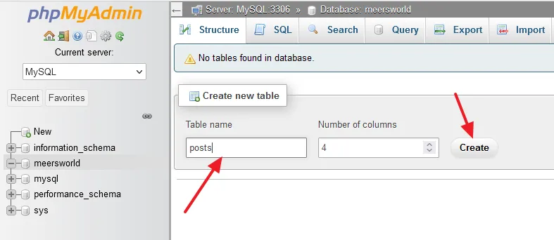 In the Table name enter your table name and in the Number of columns enter the number of columns for your table. Click on the Create button.