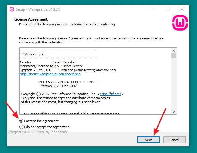 Select, "I accept the agreement" and click on the Next button.