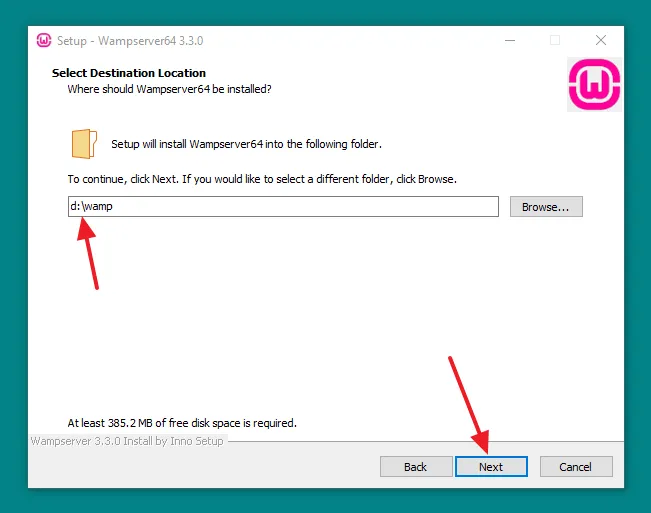 Select the installation location for WampServer. Install Wampserver in a folder at the root of a disk  like, c:\wamp, d:\wamp, e:\wamp, etc.