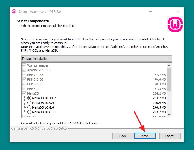 Select the components of WampServer that you want to install. There are two options (1) Default Installation (2) Custom Installation. 