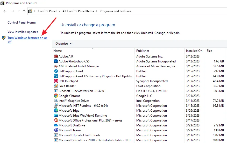 Click on the Turn Windows features on or off link. Click on the Turn Windows features on or off link.