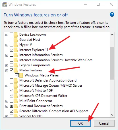 Untick the Internet Explorer 11 to Uninstall it. Expand the Media Features and untick the Windows Media Player to uninstall.