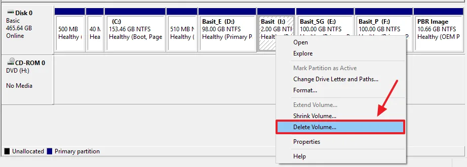 Select the drive which you want to merge. Click on the Delete Volume...