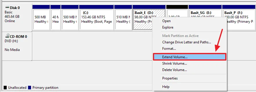 Now select the partition to which you want to add the unallocated space. Right click on that partition and click on the Extend Volume.