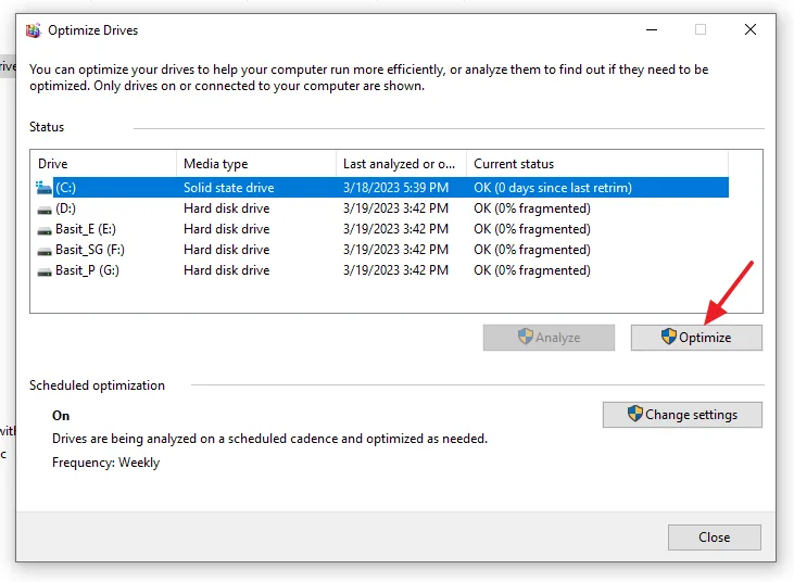 After Analyze is finished click on the Optimize button. Select your desired drive and click on the Analyze button. After Analyze is finished click on the Optimize button.