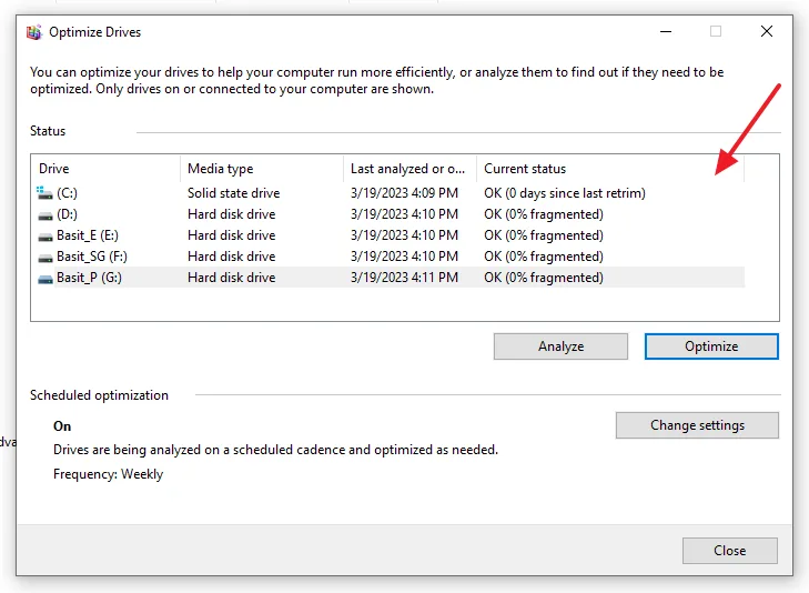 When defragmentation is finished it shows the Current Status OK (0% fragmented). When defragmentation is finished it shows the Current Status OK (0% fragmented).
