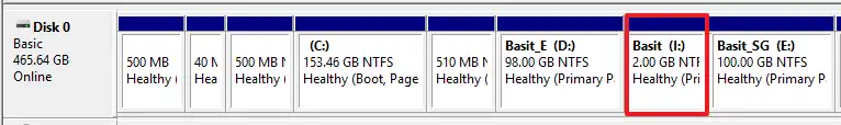 You can see the newly created partition, Basit (I:) with 2GB of space.