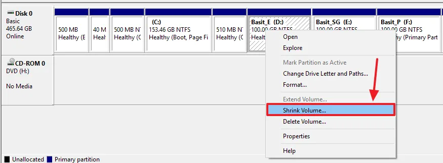 Select the Drive from which you want to create partition. Right click on that partition. Click Shrink Volume.