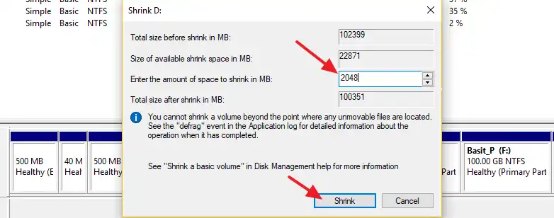 After you enter the amount of space to shrink in MB click on the Shrink button.