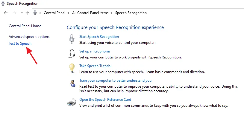 Click on the Text to Speech link, located at left side, below the Advanced speech options. Click on the Text to Speech link, located at left side, below the Advanced speech options.