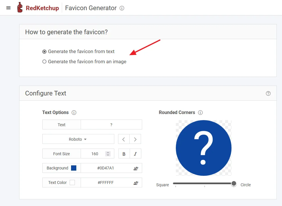 Select the Generate the favicon from text option.