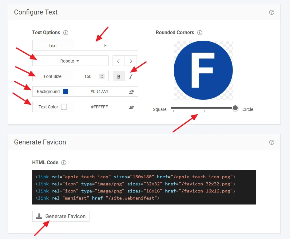 Configure the Favicon Text and select the favicon shape i.e. rounded, circular, and square.