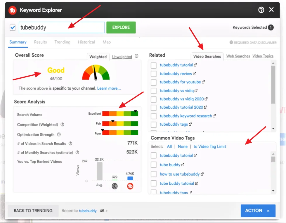 When you type your keyword(s) on Tubebuddy Keyword Explorer, it assess and gives rating (Overall Score) and description. 