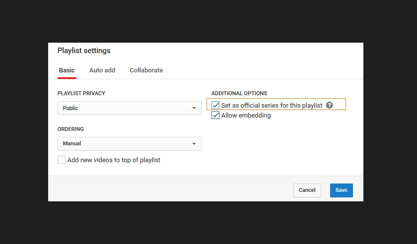 Go to Video Manager on your YouTube channel and check (tick) the Set as official series for this playlist.