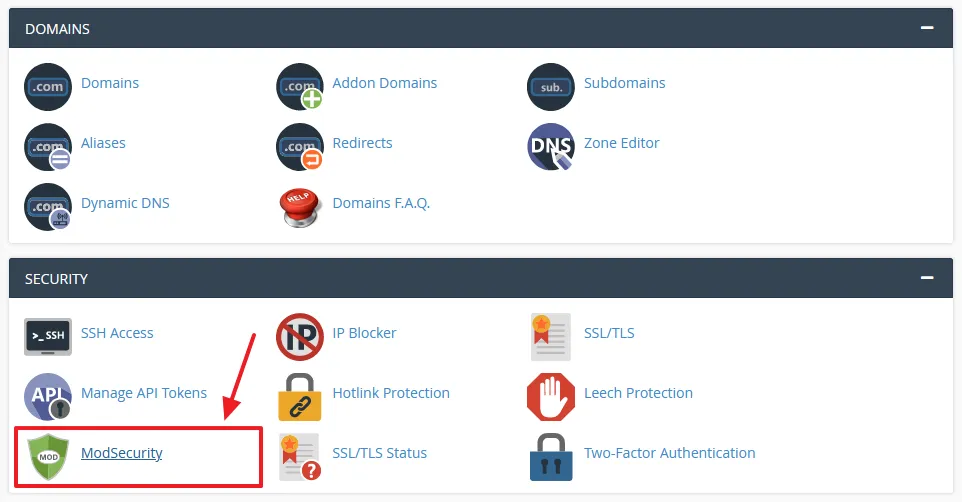 Login to your cPanel account. Scroll-down to SECURITY section and click on the ModSecurity.