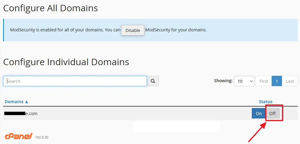 Turn-off the Status of your domain to disable the ModSecurity.  