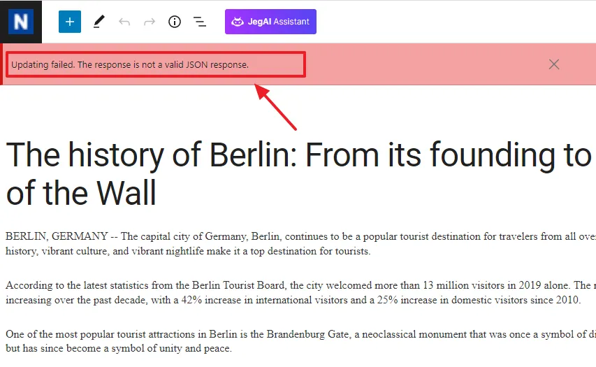 Updating failed. The response is not a valid JSON response" on WordPress Block Editor