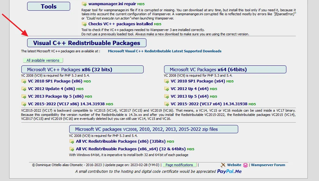 Download all the Visual C++ Redistributable Packages on wampserver.aviatechno.net. Scroll-down to Visual C++ Redistributable Packages section and download the packages according to your Windows version. 