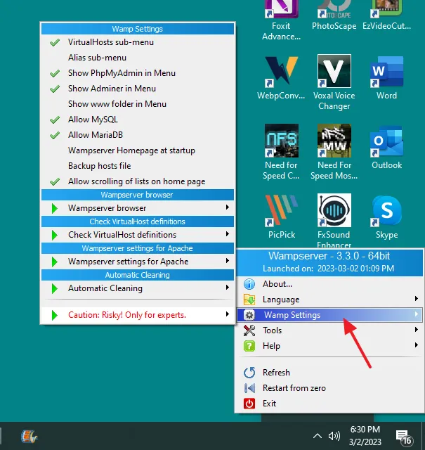 Right-click on the Wamp icon, located at bottom-right corner of the Windows desktop. Click on the Wamp Settings.