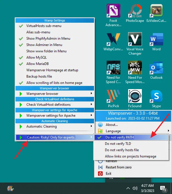 Go to the last option Caution: Risky! Only for experts. Click on the Do not verify PATH option to disable the Do not verify PATH option. Exit the Wamp and Restart it again