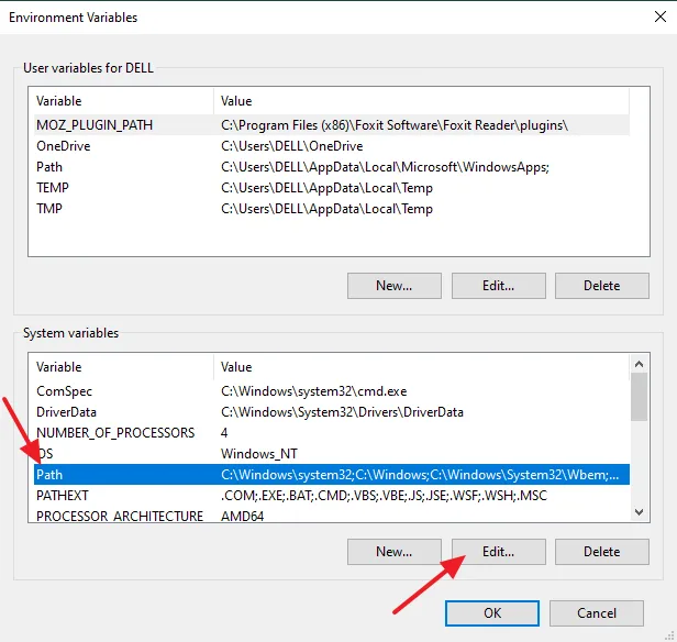 Under the System variables, select Path & click on the Edit button. Under the System variables, select Path & click on the Edit button.