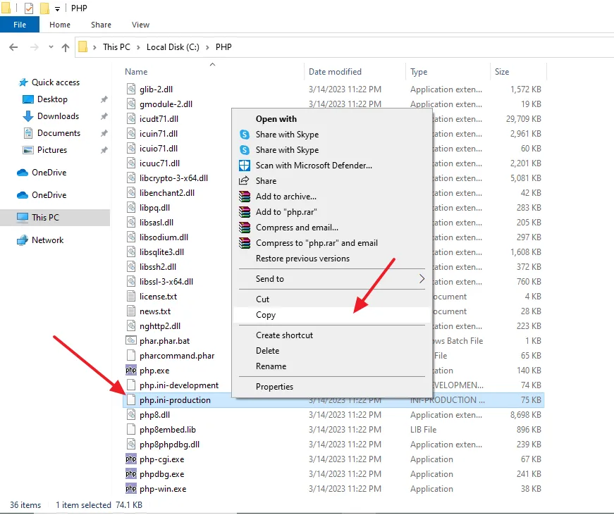 Open the PHP folder that you had extracted to C:\ Drive. Copy php.ini-production file & Paste in the same folder.