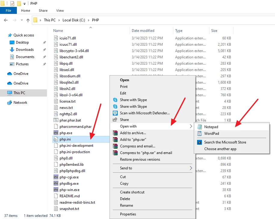 Right click on the php.ini file. Go to Open With. Click on the Notepad.