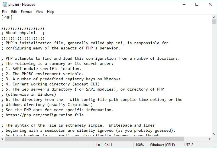 This is how your PHP.ini file looks like. The ";" is a comment symbol. The lines followed by ";" are not executed.