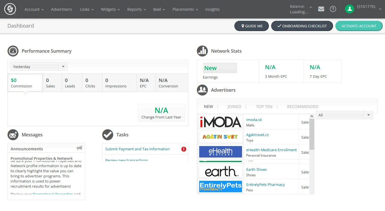 This is the Dashboard of your CJ Affiliate account. You can go to Account Settings, Advertisers, Links, Widgets, Reports, Mail, Placements, and Insights from the Menu. It also shows Performance Summary, Network Stats, Advertisers, Messages, Tasks, and many more..