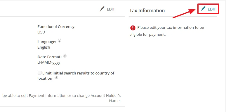 After completing the Account details go to Tax Information section and click on the EDIT link.