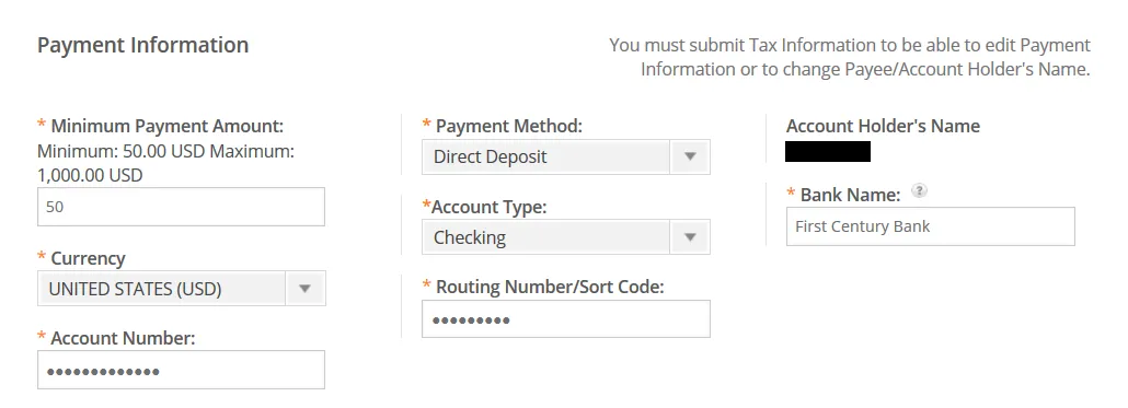 Copy the Information from your Payoneer USA Receiving account and fill the Payment form on CJ Affiliate.