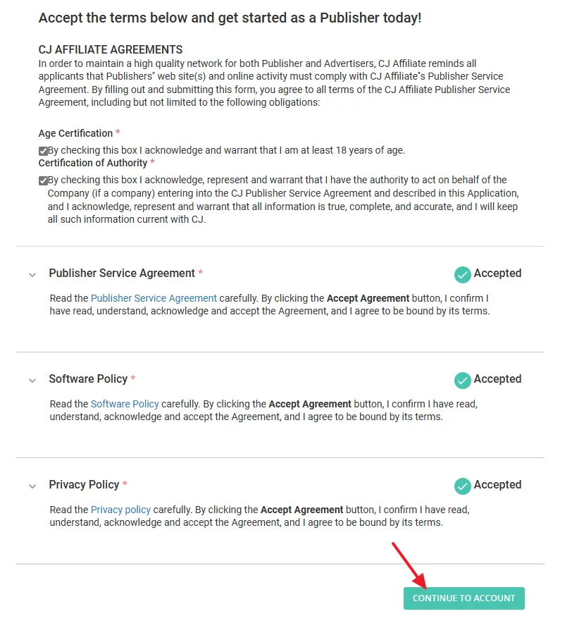 After you click on the ACCEPT AGREEMENT buttons you will see Checkmark followed by Accepted label. Click on the CONTINUE TO ACCOUNT button.