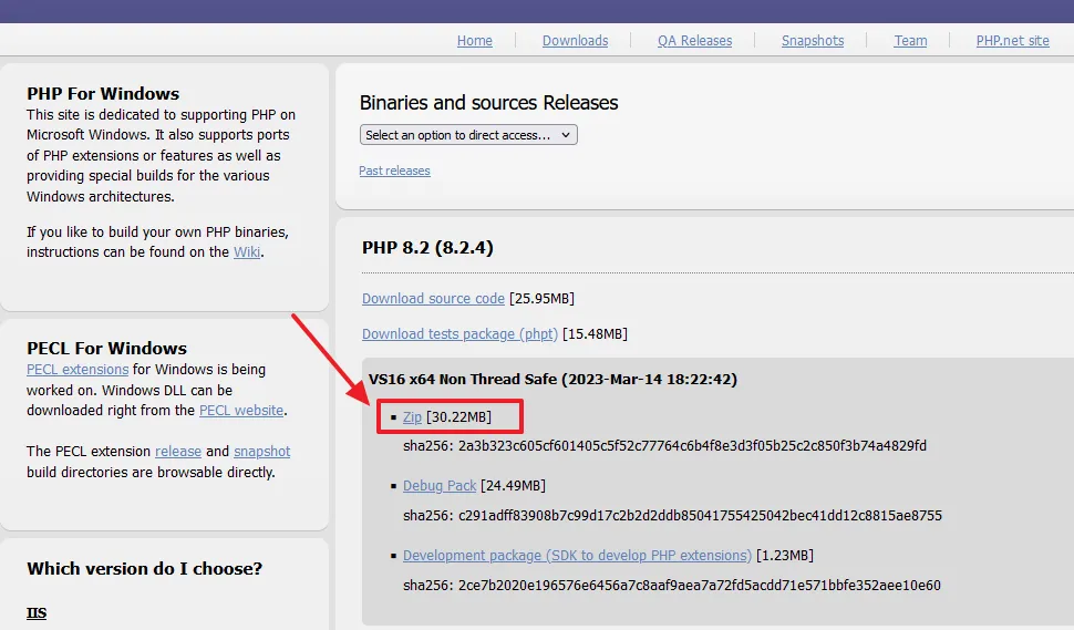 Go to PHP Official Website. Click on the Zip link, located below the VS16 x64 Non Thread Safe to download the PHP.