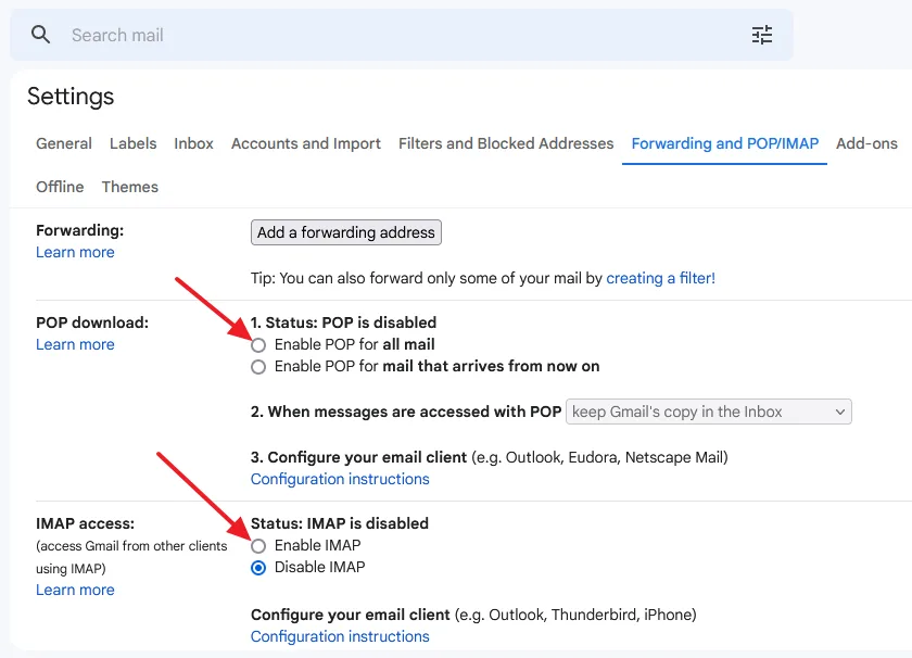 Click on Forwarding and POP/IMAP tab. Go to Pop download section and Enable pop for all mail. Go to IMAP access section and Enable IMAP. Click on the Save Changes located at the bottom.