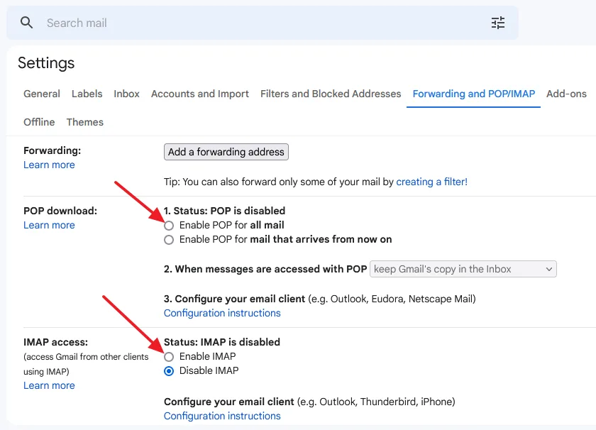 Enable POP and IMAP on Gmail Settings. Click on Forwarding and POP/IMAP tab. Go to Pop download section and Enable pop for all mail. Go to IMAP access section and Enable IMAP. Click on the Save Changes located at the bottom.