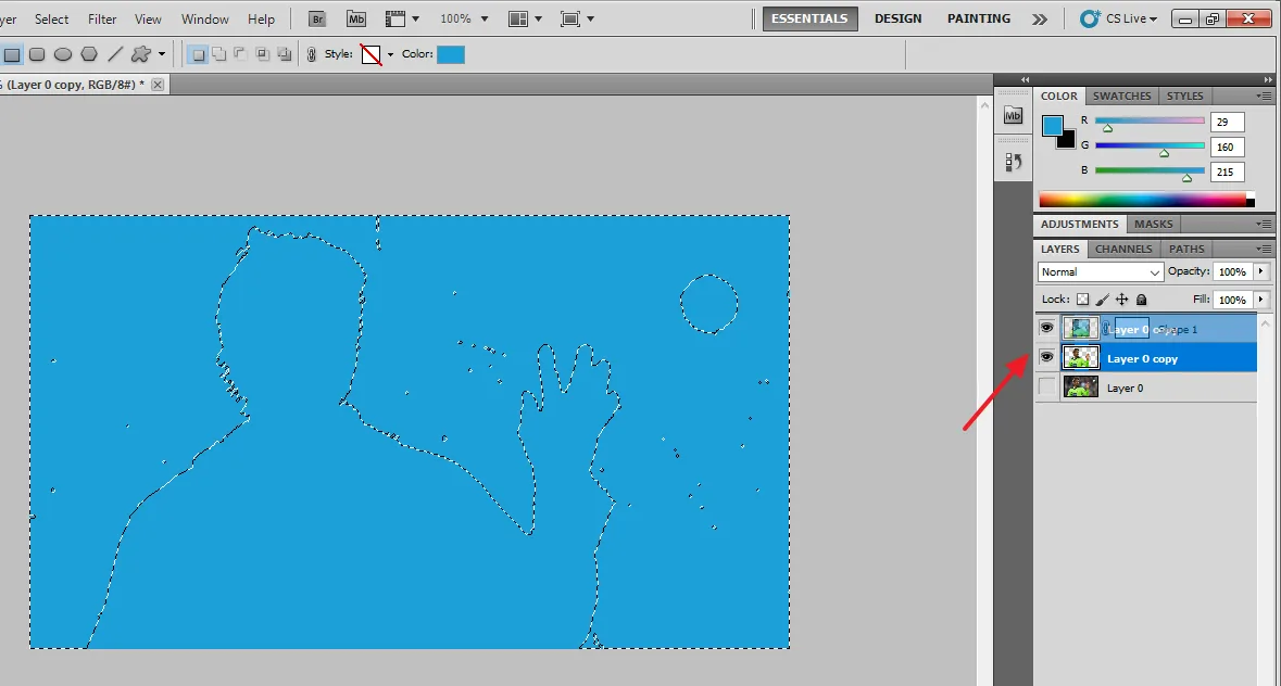 Move the Copied Layer (Layer 0 Copy) over the Rectangle Layer by dragging. Move the Copied Layer (Layer 0 Copy) over the Rectangle Layer by dragging.