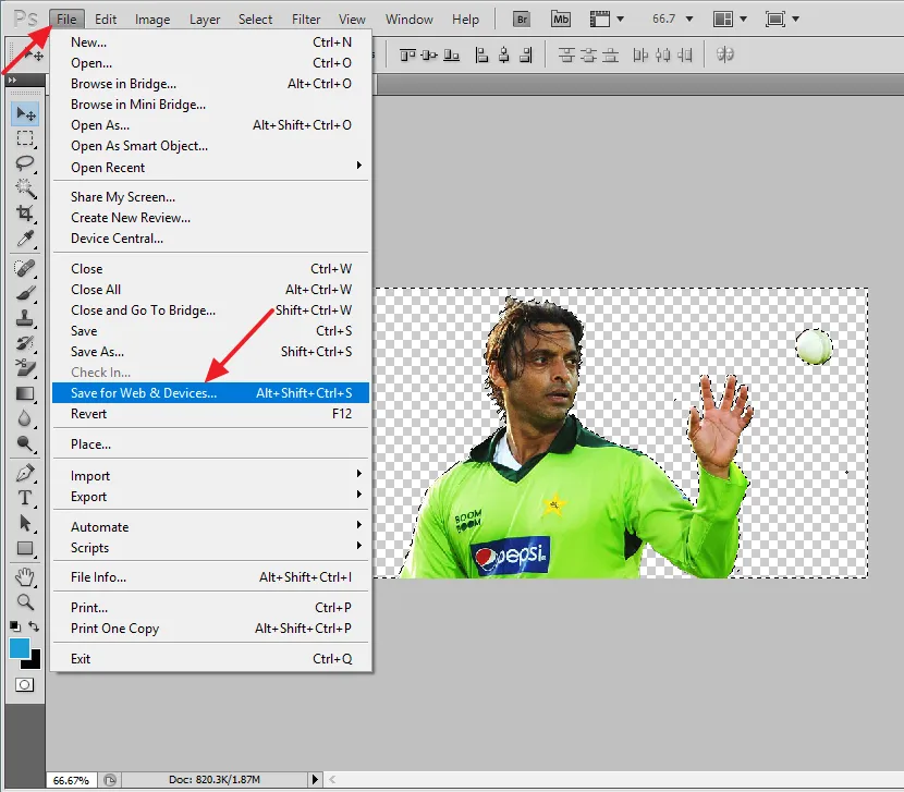 Go to File tab. Click on the Save for Web & Devices... Go to File tab. Click on the Save for Web & Devices...