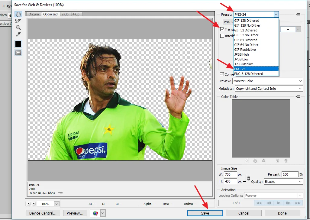 On Preset: select the PNG-24. Tick the Transparency. Click on the Save button. On Preset: select the PNG-24. Tick the Transparency. Click on the Save button.