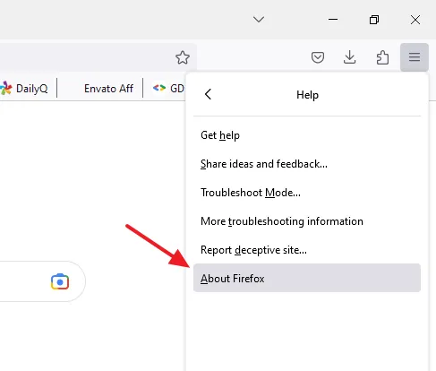 Click on the About Firefox.