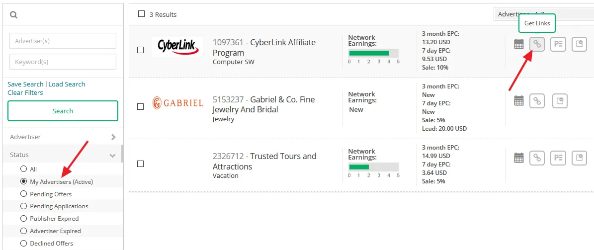 To get the affiliate links of an advertiser click on the Get Links button.