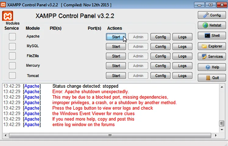 Error: Apache shutdown unexpectedly. This may be due to a blocked port, missing dependencies, improper privileges, a crash, or a shutdown by another method