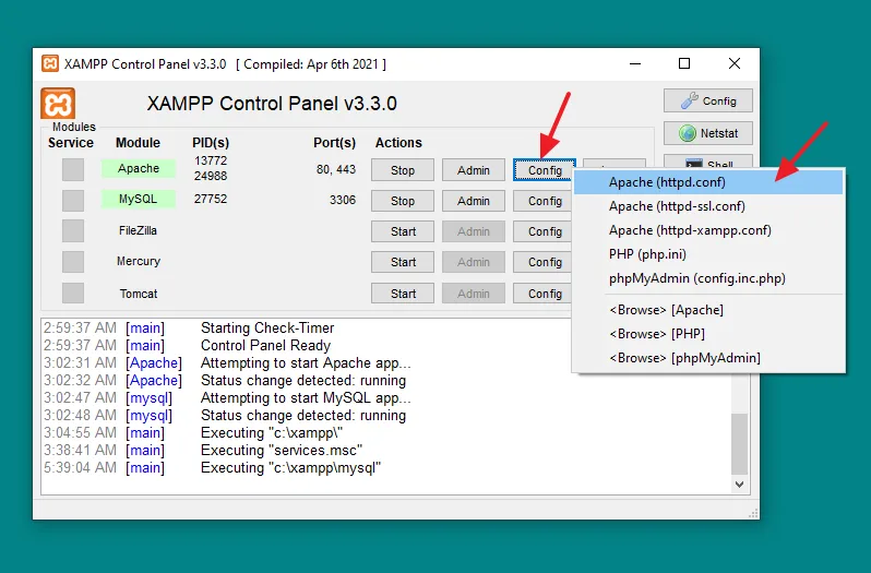 Open XAMPP Control Panel. Click on the Config button of Apache Module. Click on the Apache (httpd.conf) option.