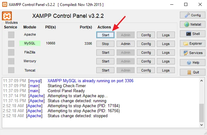 Now Start the Apache Module from XAMPP cPanel.