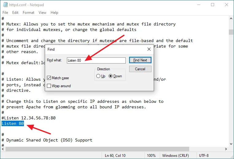 Find  Listen 80 and replace 80 with 8080 like this: Listen 8080