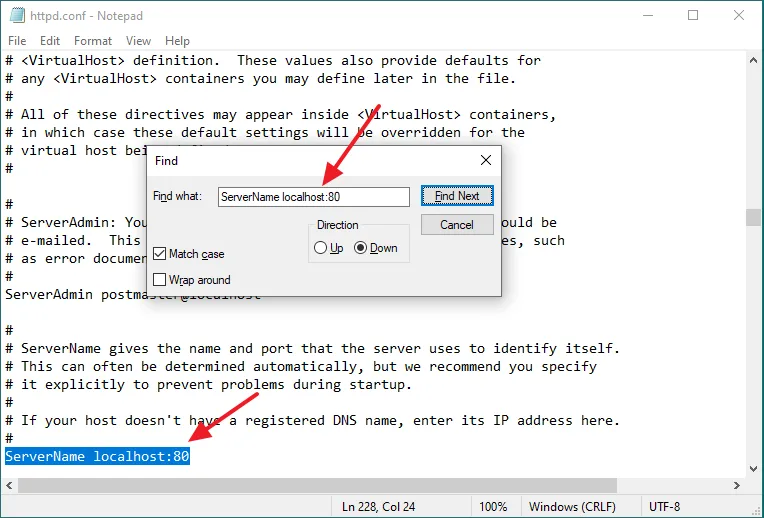 Find ServerName localhost:80 and replace it with ServerName localhost:8080.