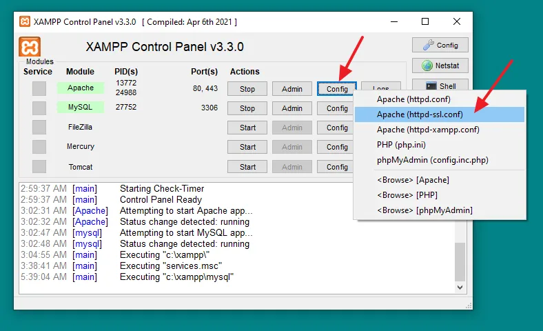 Click on the Config button of Apache Module again. Click on the Apache (httpd-ssl.conf) option.
