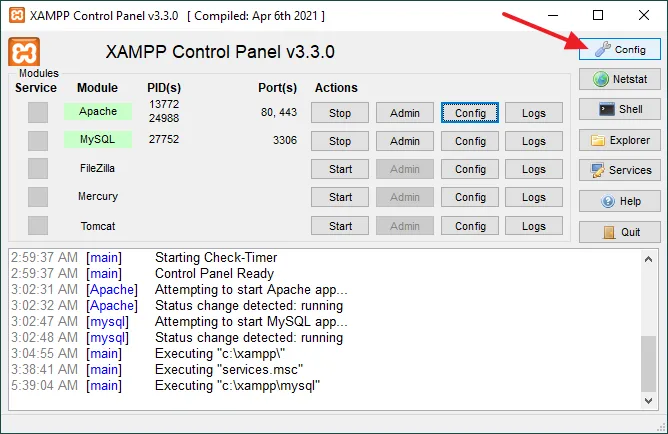 Click on the Config button of Control Panel.